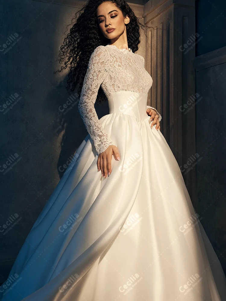 Splendidi abiti da sposa A Line Abiti da sposa in raso Abiti modesti Maniche lunghe Affascinanti abiti da sposa musulmani personalizzati 2025