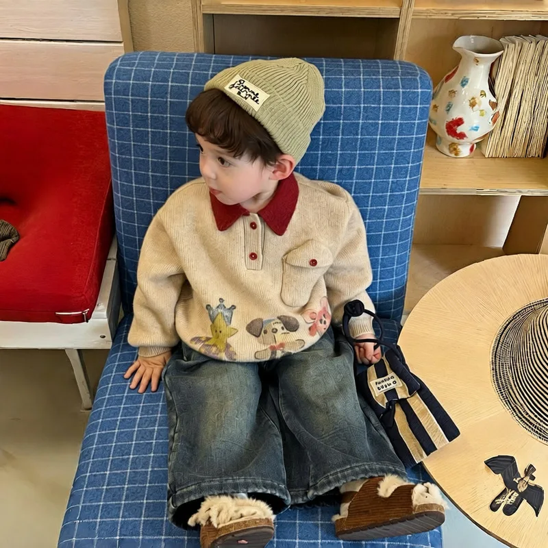 Boys' thickened warm sweater, new children's knit top, baby winter clothing, trendy and stylish children's wear