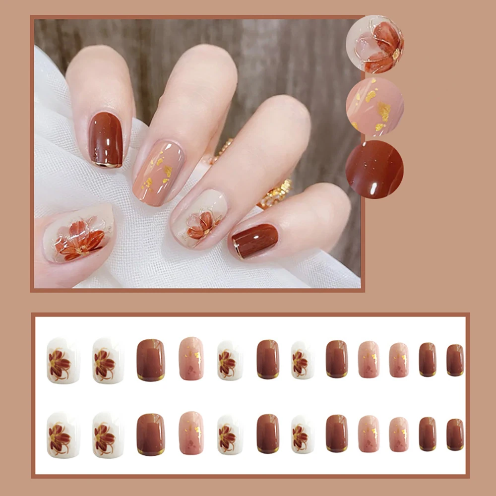 24 個キャラメルブラウンオンブルグリッタースティックオンネイルスクエアショートプレス人工爪シンプルエレガント再利用可能な偽ネイルチップアート