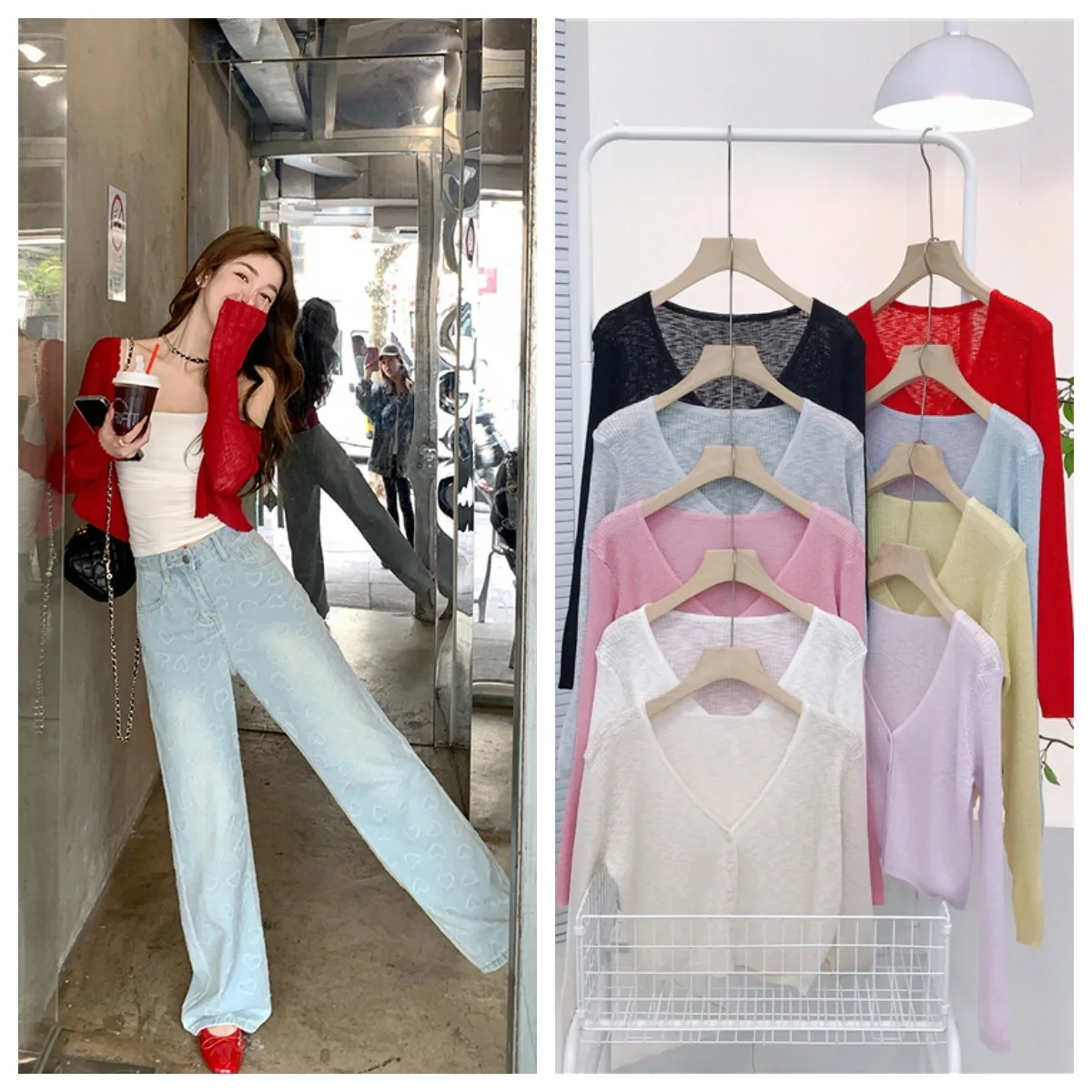 8120 Red Sun Protection Summer New Korean Style V-Neck Ribbed Button Bamboo Fiber Breathable Air Conditioning Shirt Shawl For