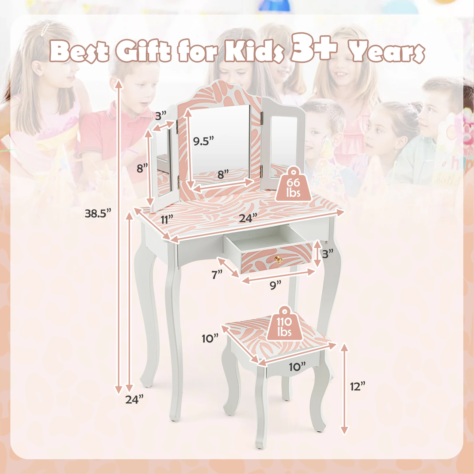 Kid Vanity Set Wooden Makeup Table Stool Tri-Folding Mirror Zebra-Stripe Pink