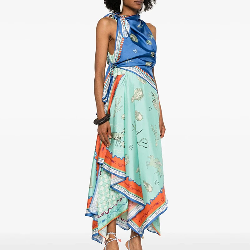 Elegant Pattern Print Waist Party Dress Women Casual Sleeveless Holiday Dresses Fashion O-neck Bow Lace-Up Irregular Long Dress