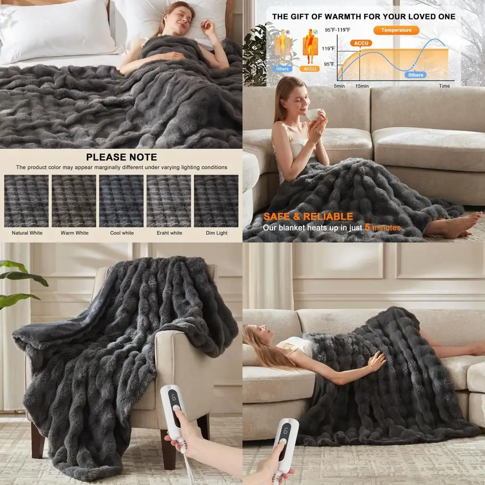 

Электрическое одеяло из искусственного меха с эффектом пузырьков, 6 режимов нагрева, автоматическое отключение через 4 часа, можно стирать в машине, 50x60, темно-серый