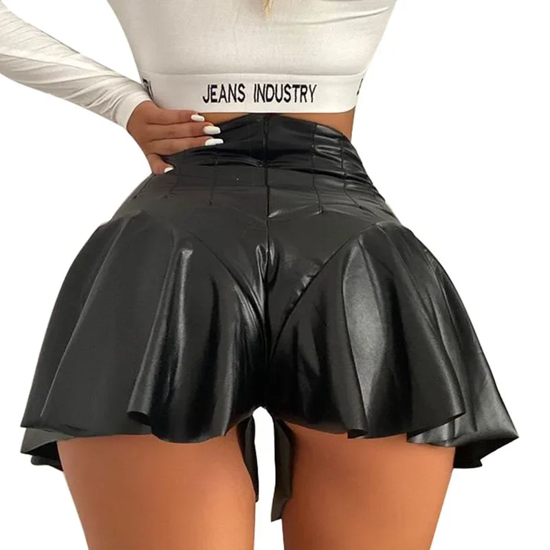 

Women’s Shorts Summer High Waist Solid Color PU Leather Ruffle Trim Short Pants