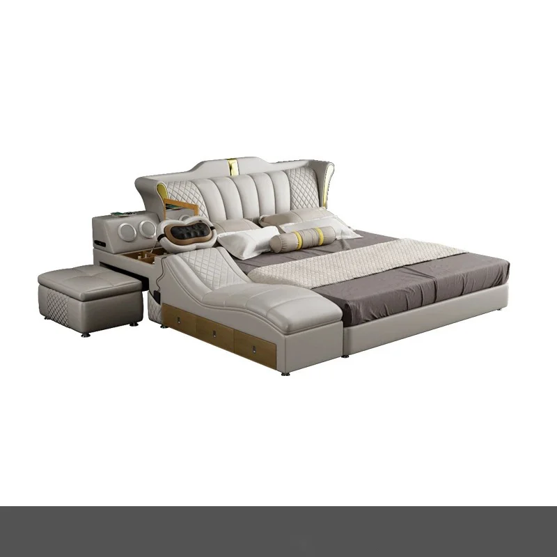 Leather Upholstered Bed Side Storage Modern Light Luxury Recycled Leather Multifunctional Massage USB Interface Solid Wood Frame