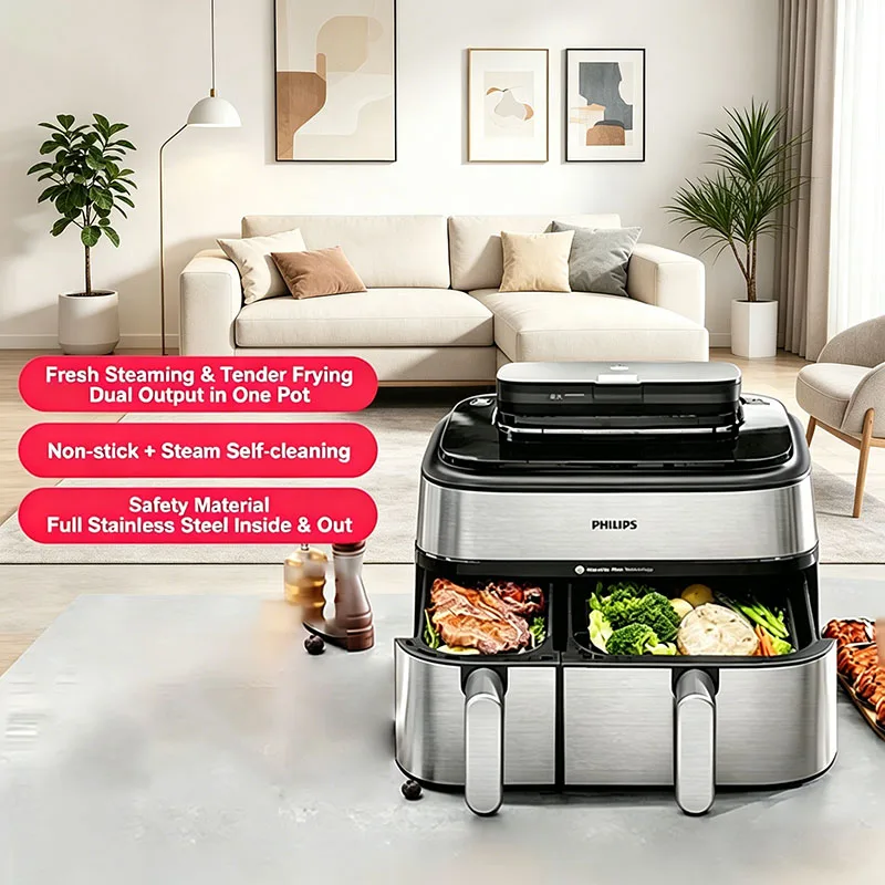 Philips NA55500 Air Fryer Double Compartment 9L Large Capacity 19 Modes Integrated Steaming Frying Household Electric Steamer