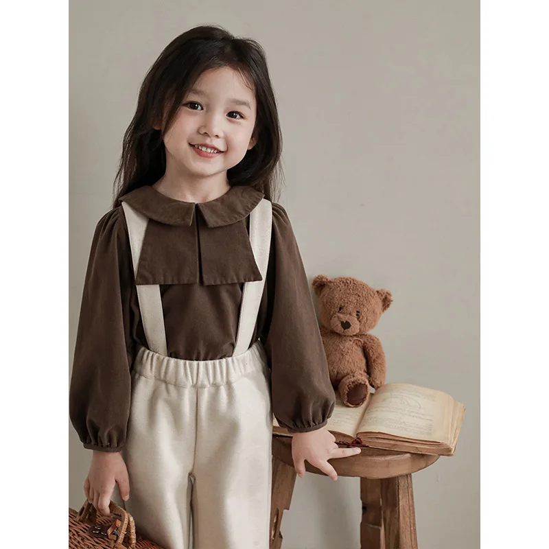 Girls retro Shirt Suspender Pants Set2025New Spring and Autumn Children's Long Sleeve Shirts and Casual Pants