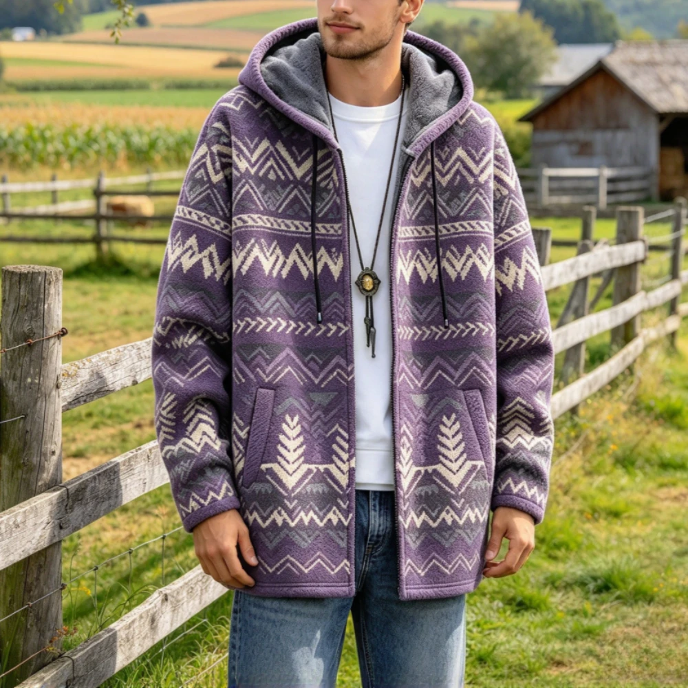 Men Ethnic Aztec Navajo Geometric Print Hooded Long Coat Winter Thick Fleece Lined Zip Up Oversized Warm Polyester Outerwear