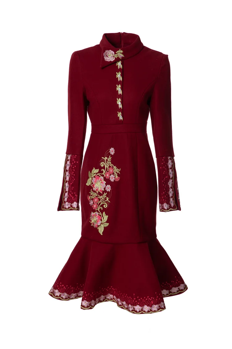 Europe and the United States women's 2024 autumn new Stand collar long sleeve flowers embroidered red wool fishtail dress XXL