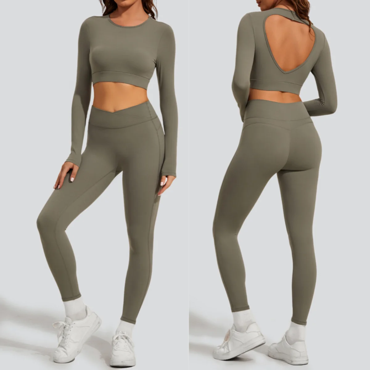 

2Pcs Women Long Sleeve yoga suit backless crop top yoga Shirts Sports Pants Energy Gym Suits Running Sets Tracksuits Tights Set