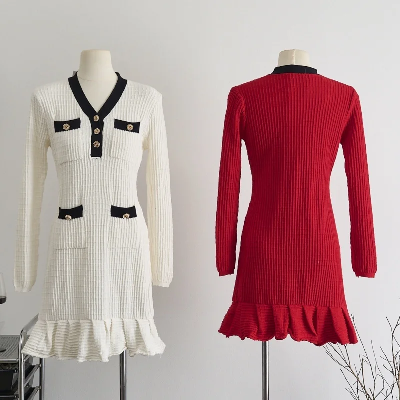 Elegante vestido de malha fino ajuste roupas de outono feminino manga longa vneck bodycon plissado hem mini vestidos ol estilo malha waffle vestido