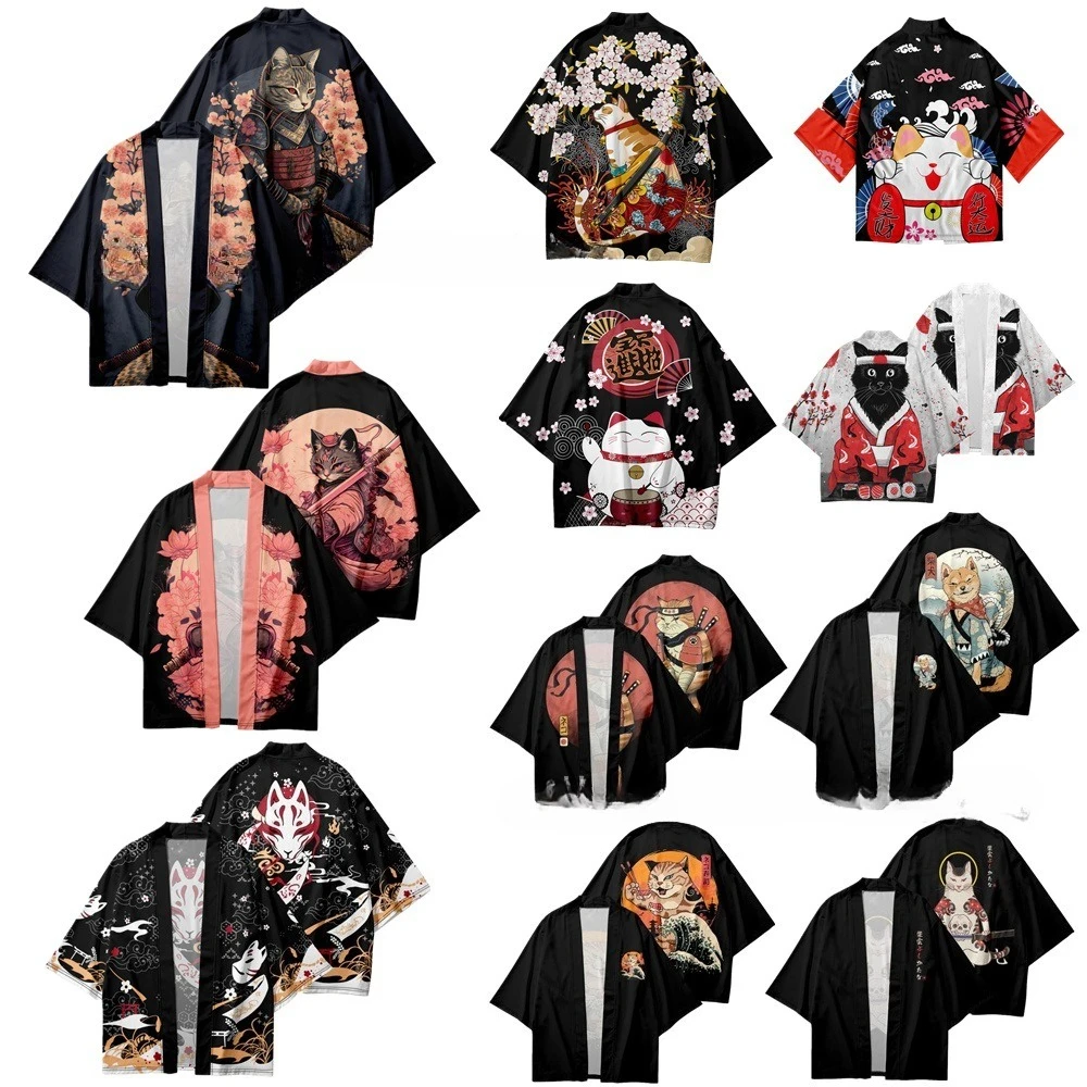 New Chinese Style Lucky Cat Cardigan, Kimono Cloak, Daily Casual Cat Seven Inch Sleeve Tracksuit, Men's