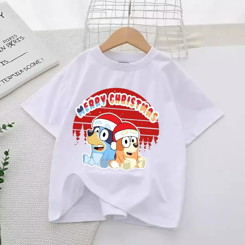 Bluey Christmas Holiday T-shirt The Heeler Family Y2k Cotton Anime Tee Shirts Cartoons Kid Girl Boy Streetwear Casual Clothes