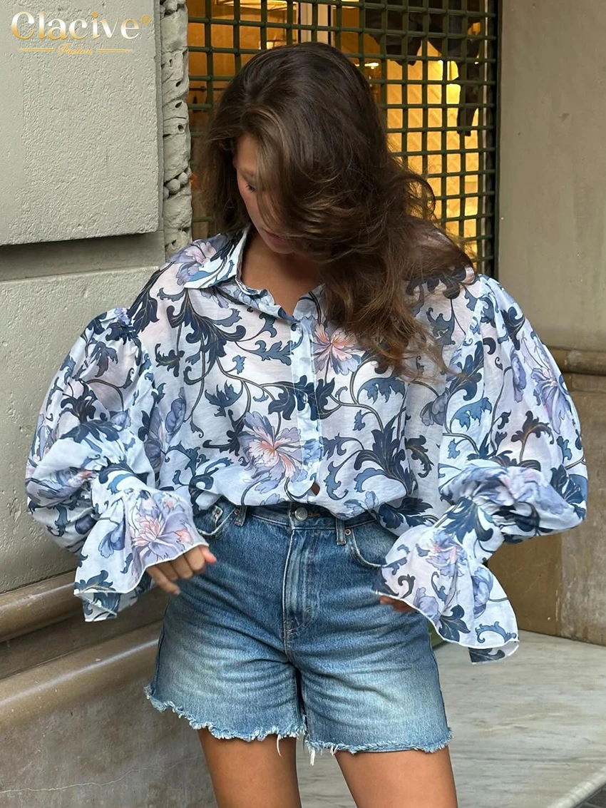 Clacive moda solta impressão camisa feminina 2025 casual lapela manga longa blusa senhoras elegante clássico topo roupas femininas