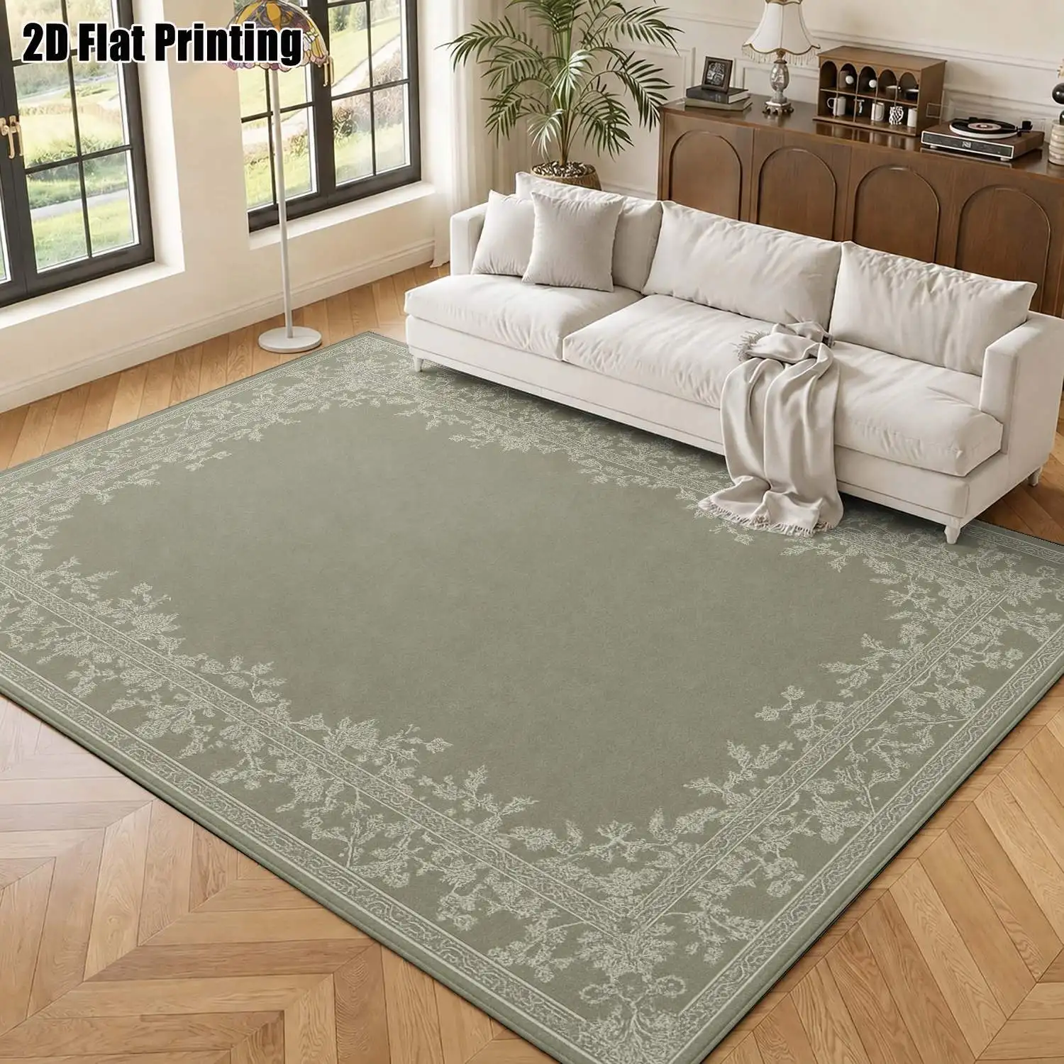 1Pc 2D Printed Carpet: Light Gray Base, White Floral Border European/Retro/Simple Style, Home Decor, Multi-Size, Machine Washable. For Living Room, Bedroom, Dining Room, Entrance, Study.