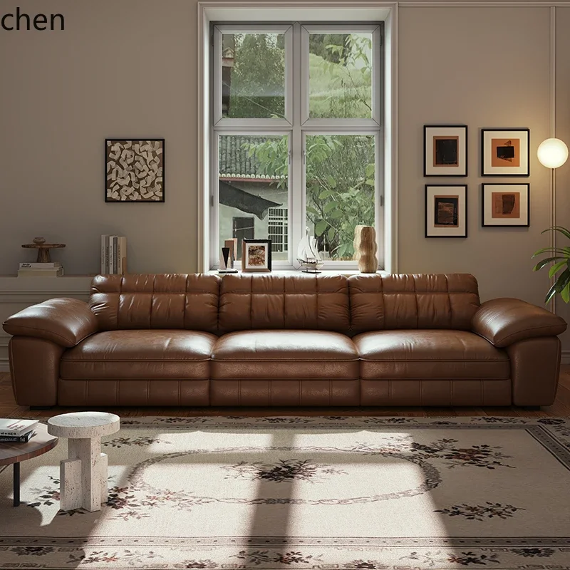 Zws. Retro straight-row leather sofa caramel color new living room small apartment sofa