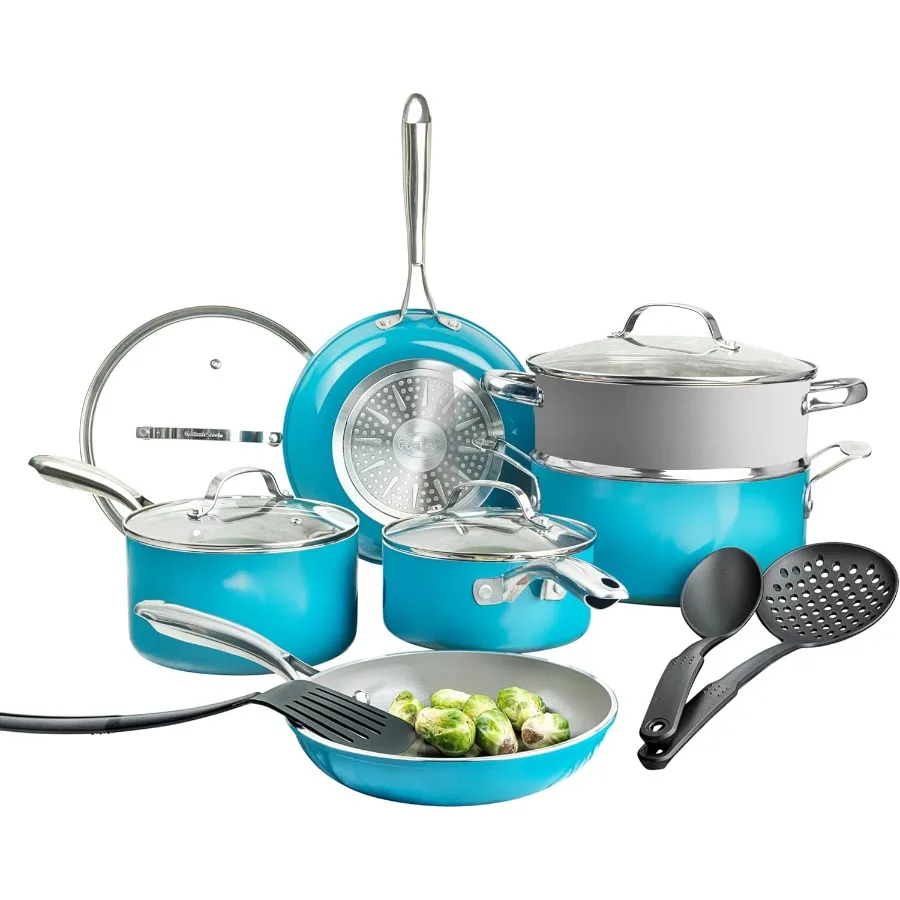 

15 Pc Ceramic Cookware Set Ceramic Pots and Pans Set Non Stick with Cooking Utensils and Steamer Non Toxic PFOA PFOS Free Premi