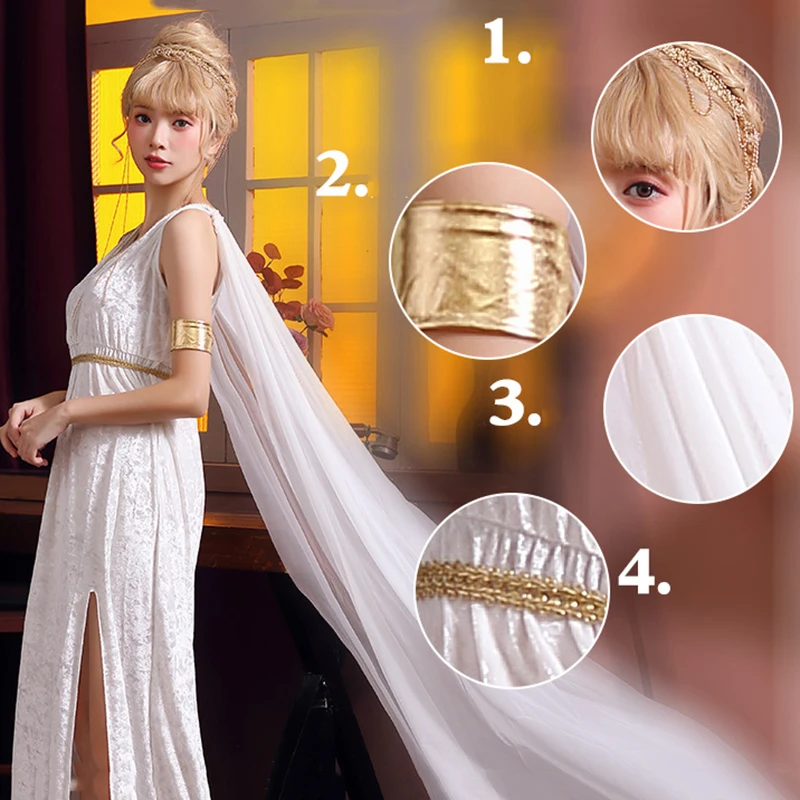 Halloween Costumes for Women Cosplay Greek Goddess Dress Cos Queen Princeess Headwear Sexy Skirt Lady Athena Ancient Egyptian