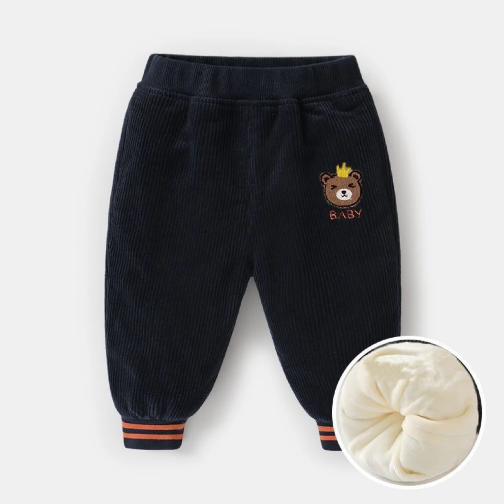 1pcs Boys Girls Winter Velvet Corduroy Kid Pants Little Bear Cartoon Mid Waist Warm Pantalone Baggy Thick Plush Children Trouser