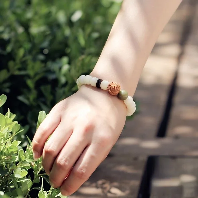 กำไลหยกธรรมชาติสีขาวสร้อยข้อมือสำหรับผู้หญิงและผู้ชายสร้อยข้อมือลูกปัดหินหยกสีขาว