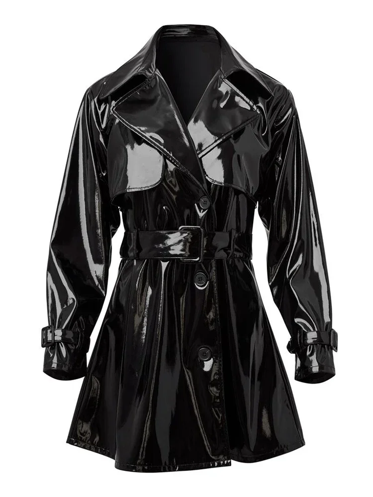 Women Faux Latex Jacket Coat Glossy Patent Leather Trench Overcoat With Belt Gothic Black PVC Laple Blazer Suit Pocket Custom