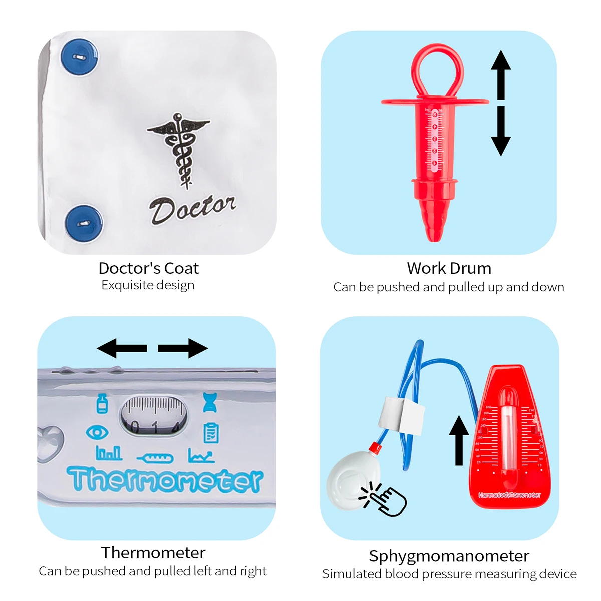 مجموعة لعب الأدوار في طبيب الأطفال، معطف أبيض، أدوات طبية، مجموعة كاملة من اللعب المنزلي، ألعاب تجربة احترافية