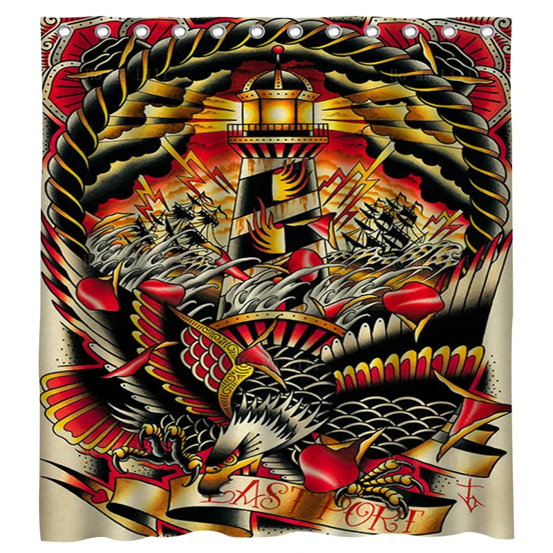 Broadway Neo Old School Tattoo Pop Art Lighthouse And Eagle American Traditional Style Shower Curtain By Ho Me Lili With Hook