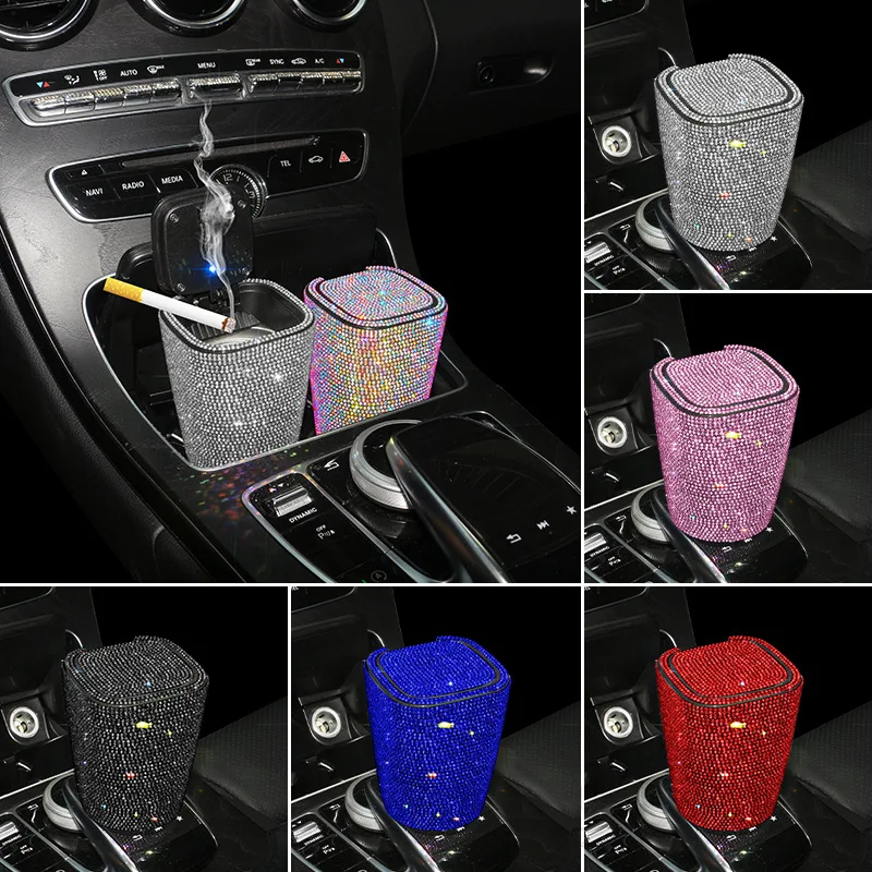 Car Diamond Ashtray LED Lights with Cover Windproof and Odor-Proof Bling Bling Mini Auto Trash Can Car Accessories for Women