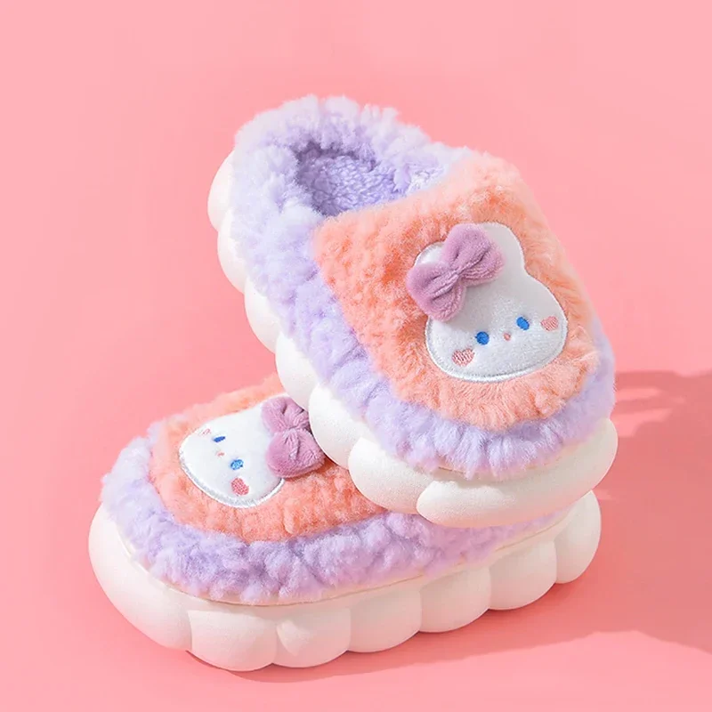 2024 New Winter Cute Rabbit Bear Cotton Flip Flops Children\'s Plush Slippers For Girls Boys Home Indoor Fluffy Mule Kids Shoes