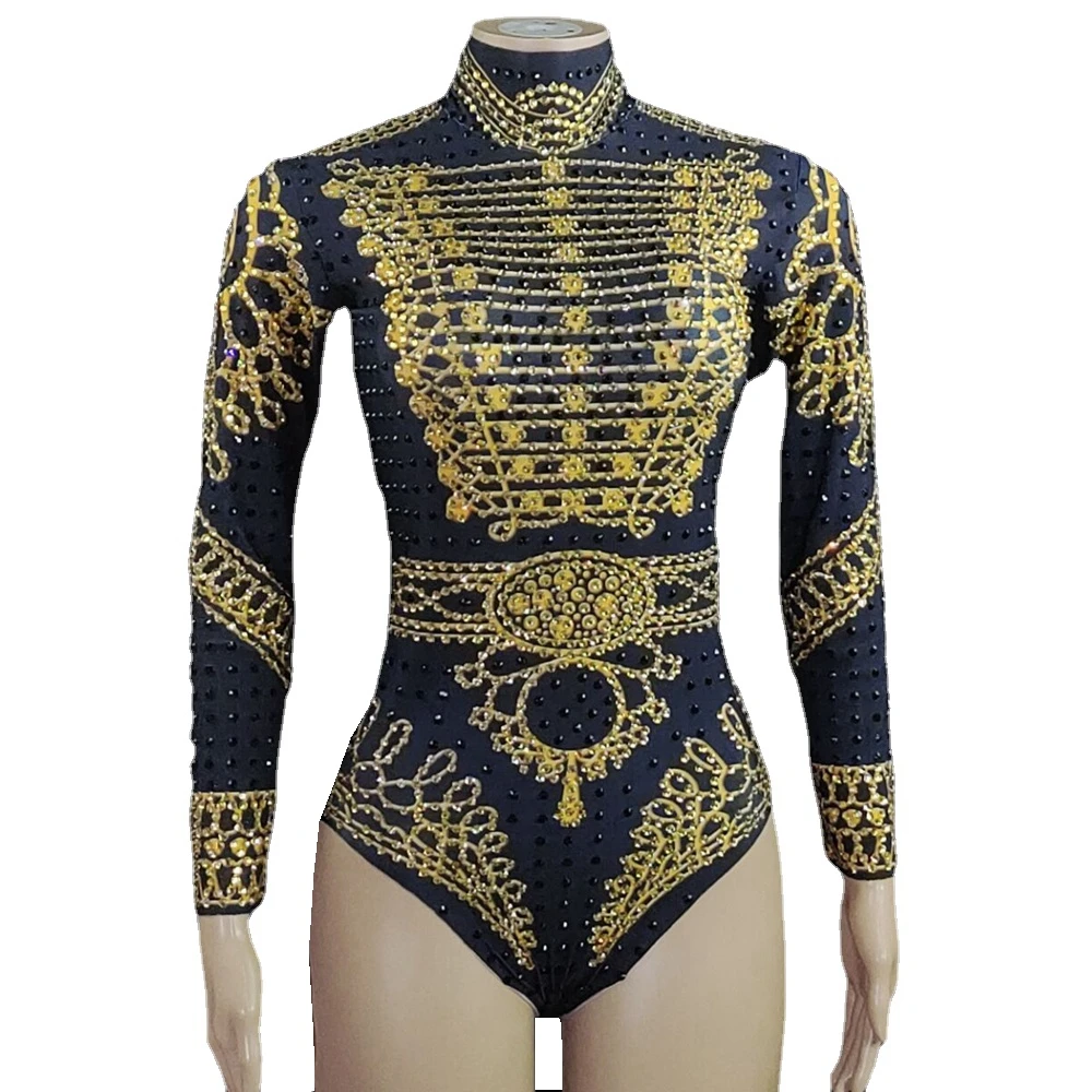 Sparkly Gold Schwarz Strass Trikot Langarm Weibliche Leistung Dance Kostüm Sänger Zeigen Bühne Tragen Nachtclub Outfit