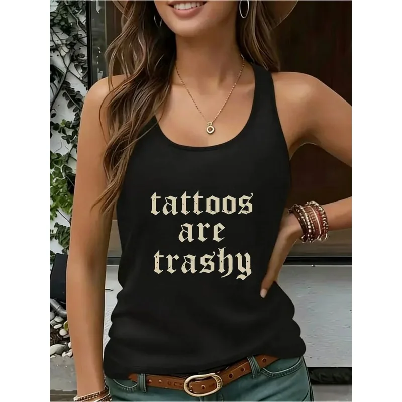 Gothic Punk-Inspired Sleeveless Racerback Tank Top for Women - Casual Cami with 'Tattoos Are Trashy' Tattoo Quote Design