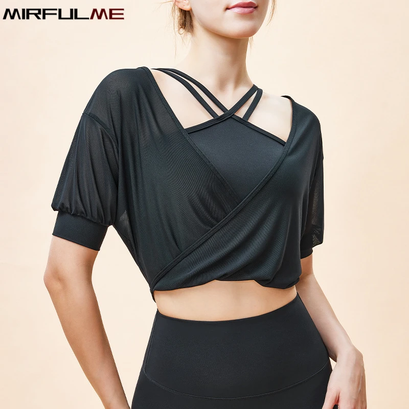 Women Loose Yoga Shirts Thin Mesh Breathable Sport T-Shirts Quick Dry Short Sleeves Running Shirt V-Neck Gym Fitness Tops Blouse