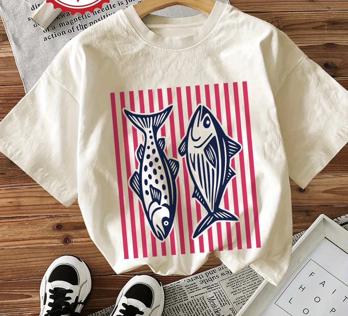 

2025Women'S Casual T-Shirt with OceanInspired Fish and Stripes Print Soft Comfortable Woman Clothing Crew Neck Short Sleeve