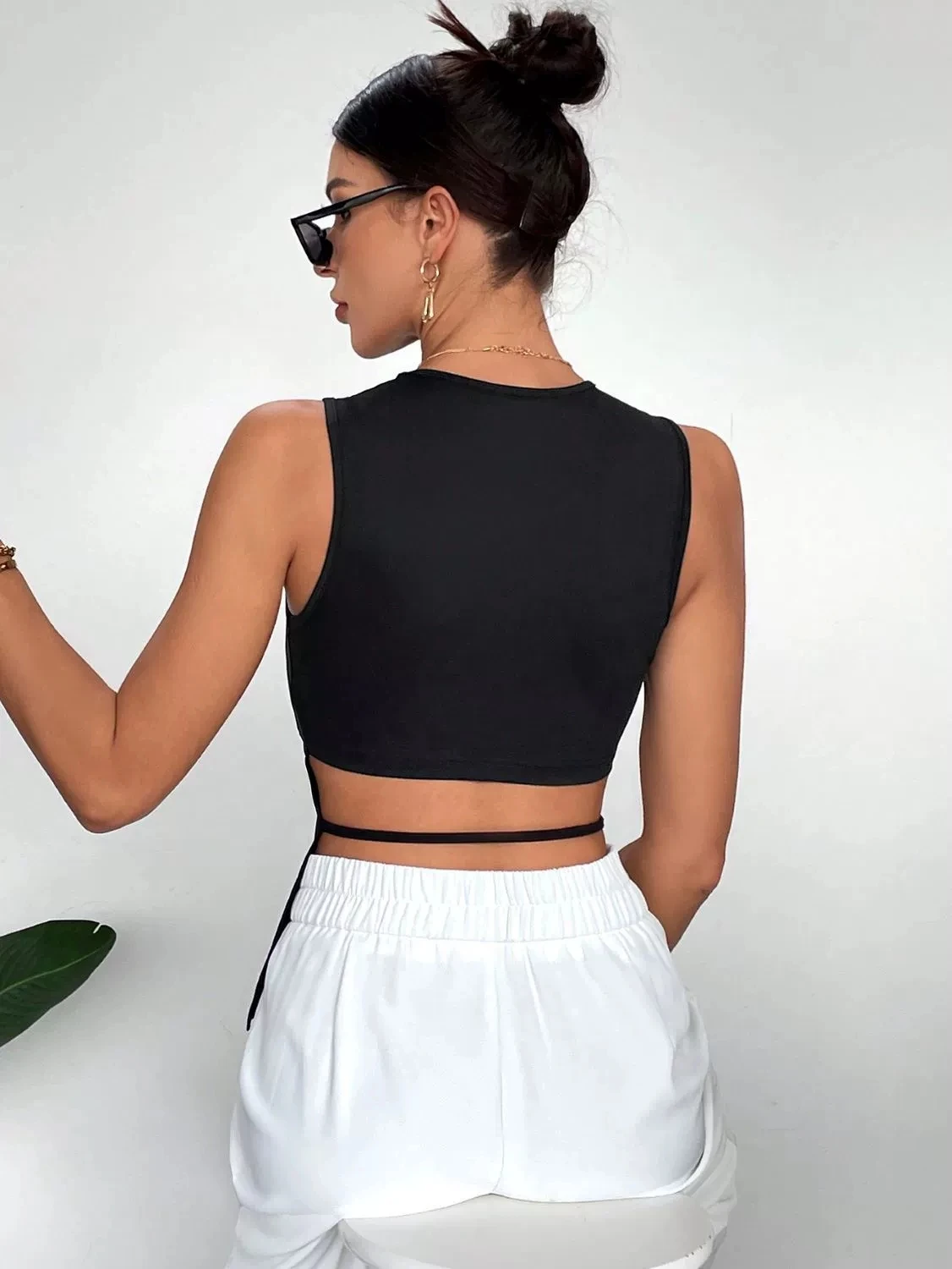 قميص بدون أكمام بحاشية مفتوحة من الخلف مثير للنساء - تي شيرت أنيق بدون أكمام ورقبة دائرية #2