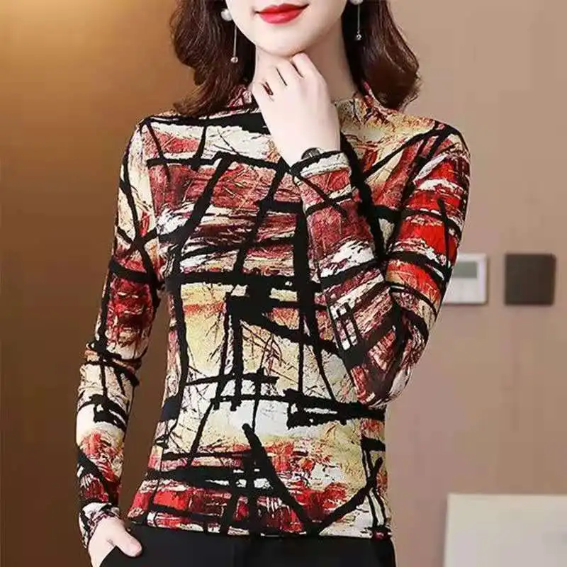 Autumn and Winter Women\'s Pullover Round Neck Patchwork Printing Slim Underlay Fashion Casual Elegant Commuter Long Sleeve Tops