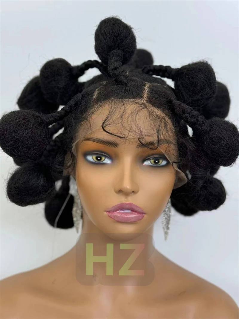 HZ  Wigs Synthetic Full Lace Braided Wig Buns Wig Full Lace Braids Wig with Baby Hair African Braiding Hair Wig for Black Women