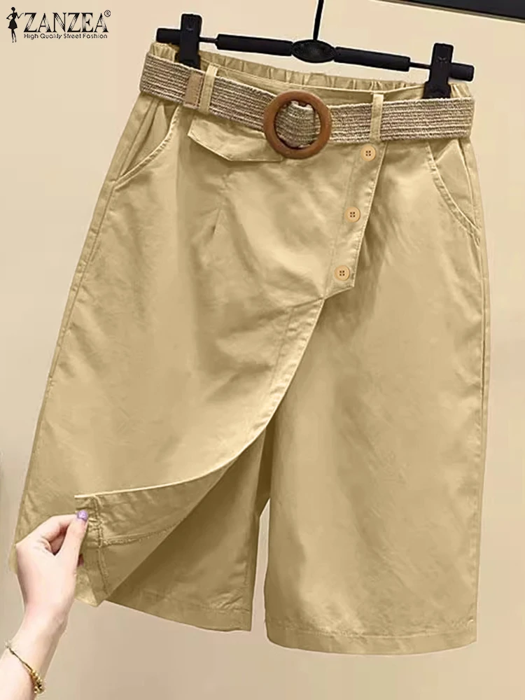 

ZANZEA, женские шорты, юбки, мода 2025 года, повседневные шорты с эластичной резинкой на талии, женские свободные однотонные элегантные короткие брюки без пояса
