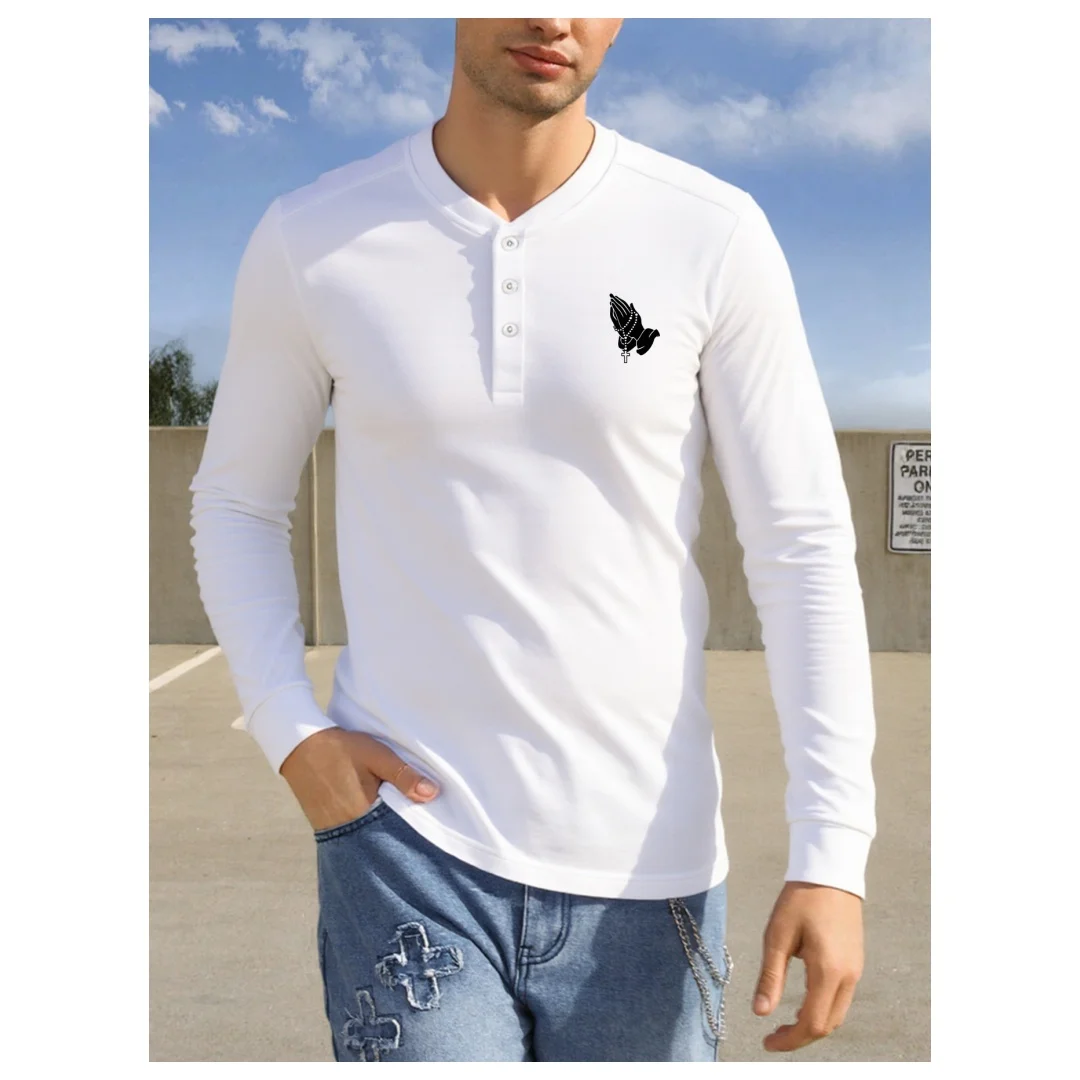 تي شيرت للرجل الصليب المطبوعة الرجال بلايز زر بلوزة كاجوال تنوعا الكلاسيكية هينلي قميص هنري طوق مريح ملابس للرجال