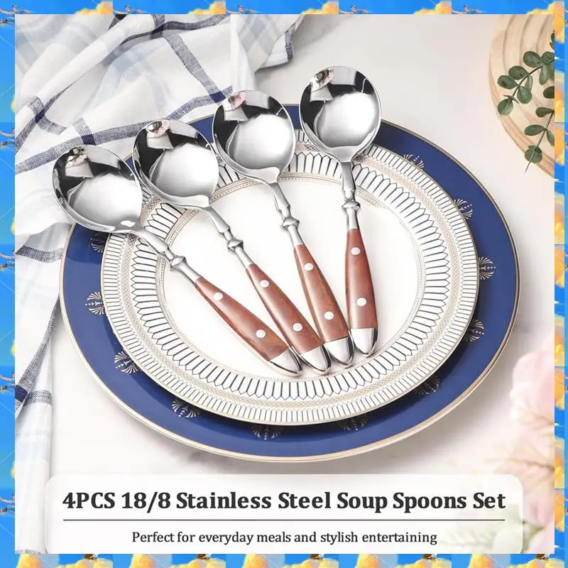 FTS 4Pcs Soup Spoons Set,Stainless Steel Spoons With Comfortable Bakelite Handle,Heavy-Weight Metal Round Spoons