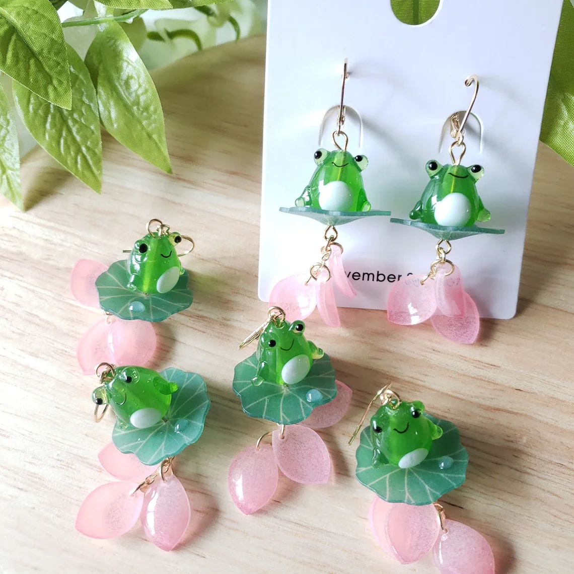 Frog on lily pad earrings, Frog and floral petals Lovely drop earrings