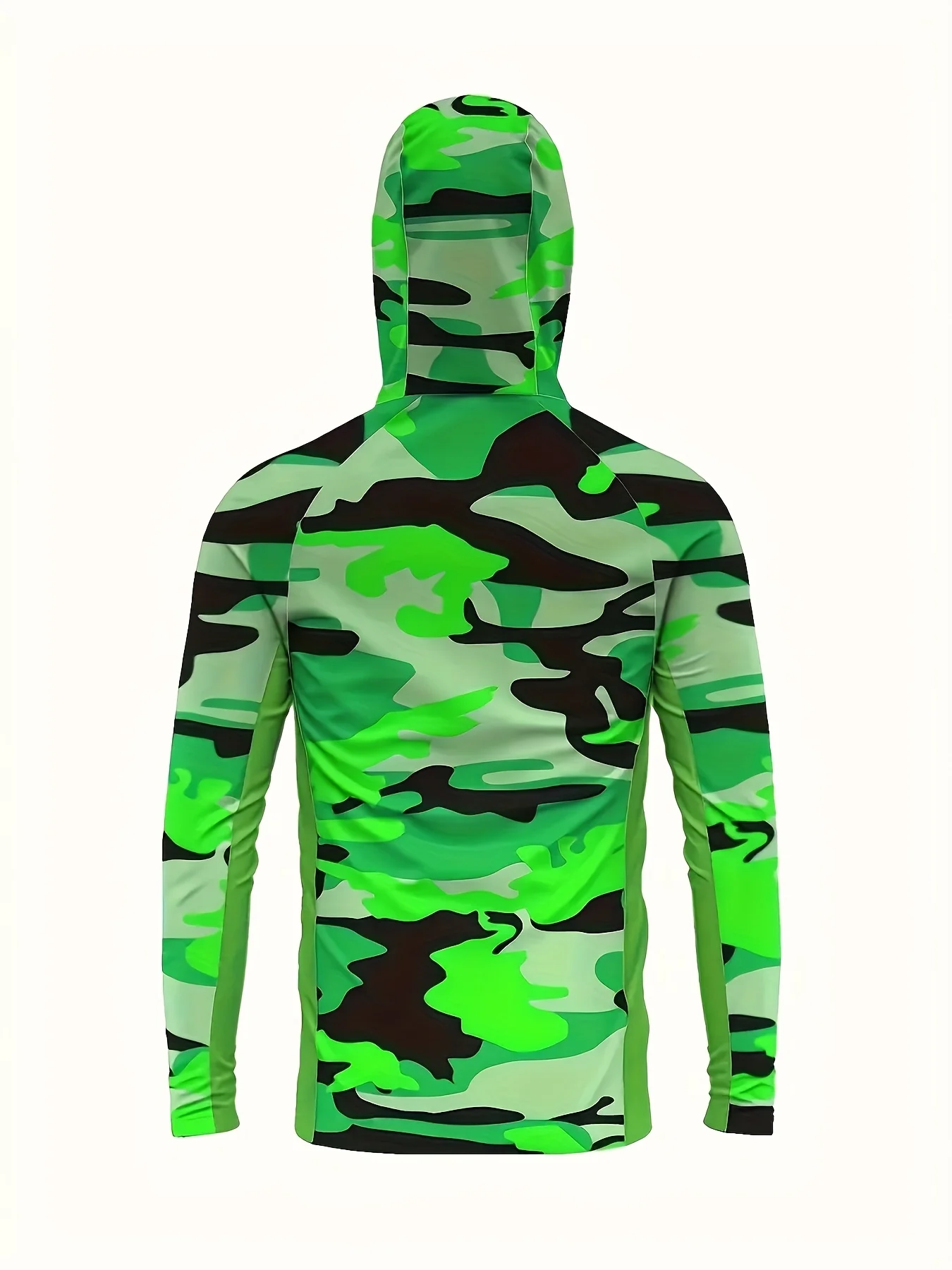 Men UPF50+ Fishing Hoodie Built-in Face Mask Neon Green Camouflage Lightweight Long Sleeve Quick-Dry Boating Hiking Shirts