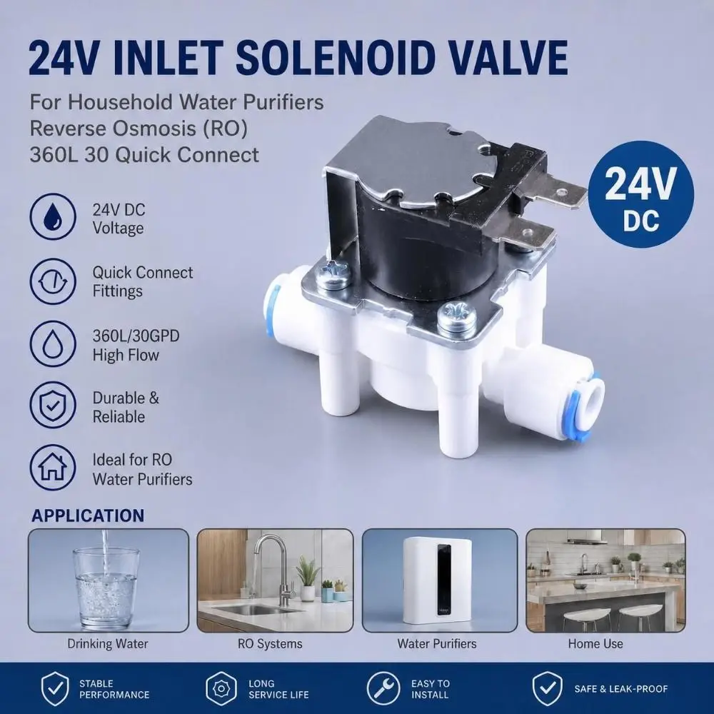 DC 24V Flush Solenoid Valve 1/4 Inch Quick Connect Fast Response Water Purifier Valve Durable Low Power Consumption