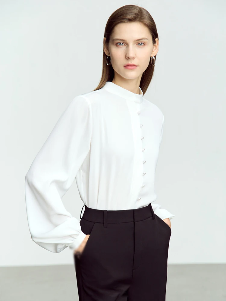 AMII Minimalist New Chinese Shirt for Women 2023 Autumn Simple Commuter Stand Collar Chiffon Solid Classical Blouses 12323045