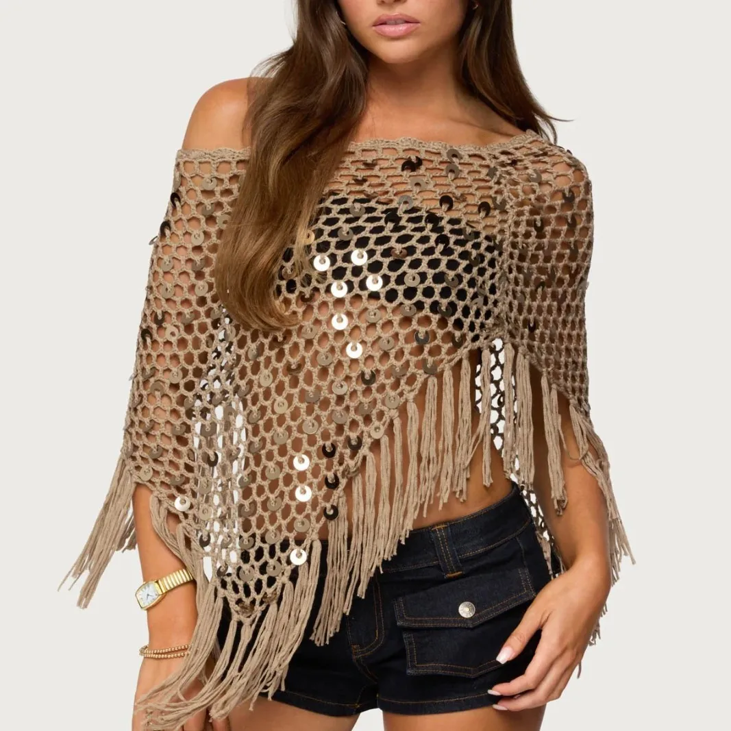 

2026 New Women Handmade Crochet Sequin Triangle Shawl Tassel Asymmetric Shoulder Cape Hollow Out Casual Vacation Beach Cover Up