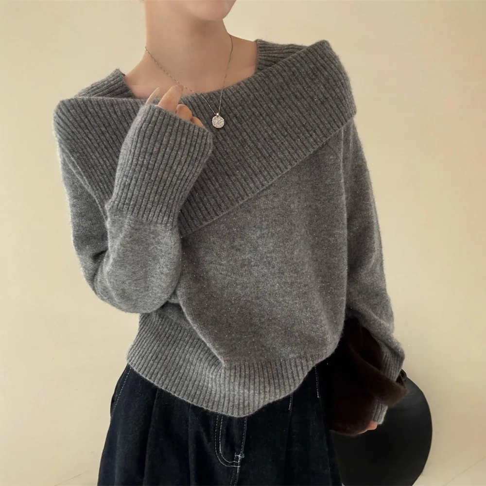 

Fashion Women Lapel Sweater Autumn Winter Solid Color High Street Knitted Top French Elegant Simple Lazy Knitting Pullover Tops