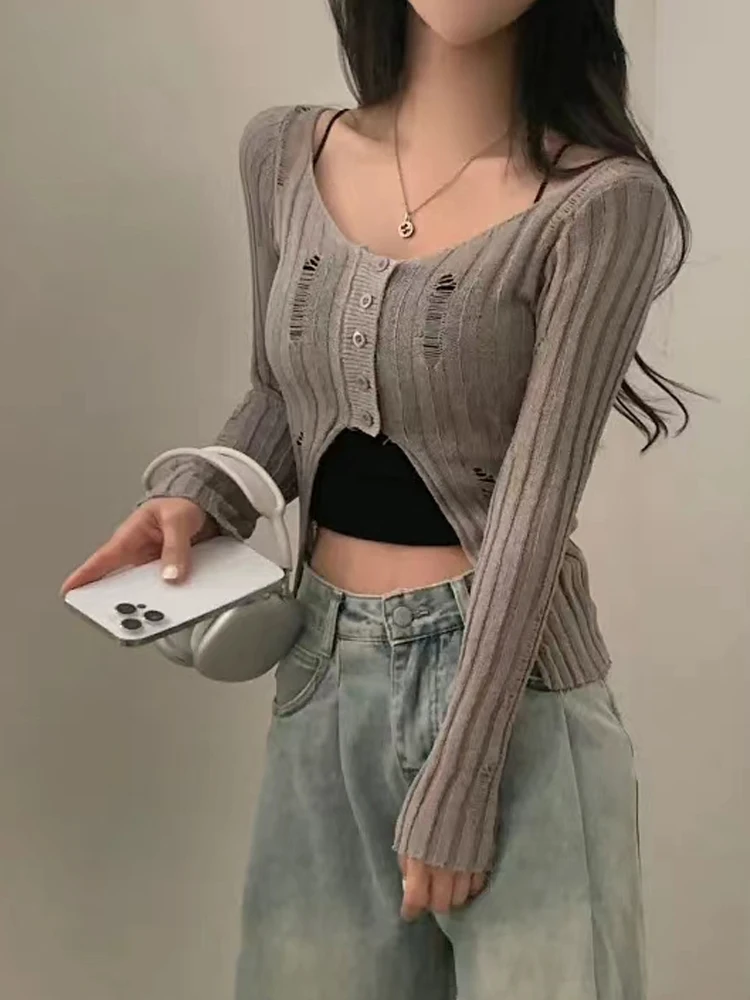 

Korean Sle Long Sve Knitted Top Women's Thin High Waist Sexy Small Cro Cuffed Hole Summer Sun Protection Outerwear