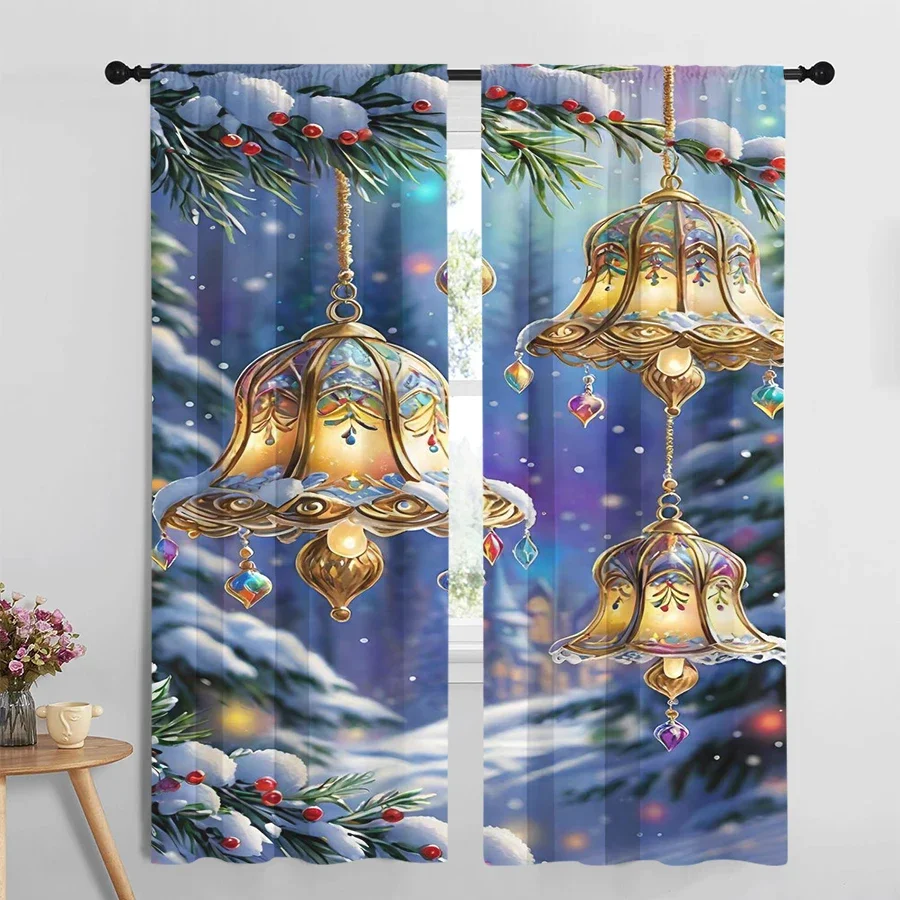 2PCS Christmas Golden Bells Curtains, Crystal Ornament Snowy Pine Forest, Magical Holiday Window Drapes for Bedroom Living Room