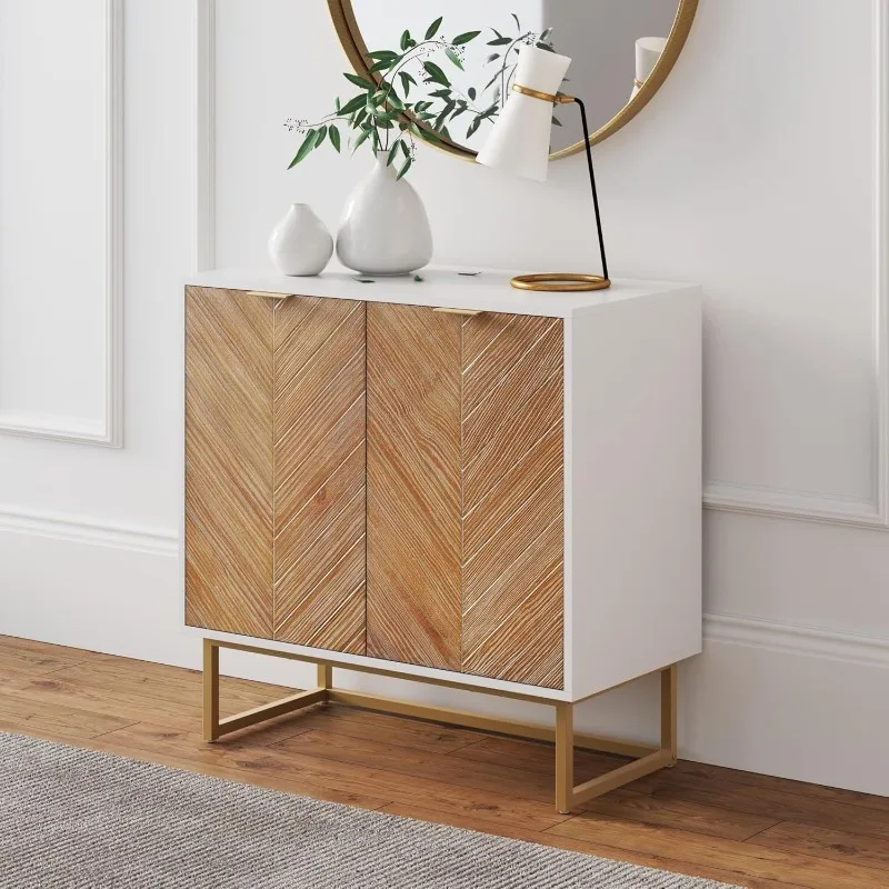 Enloe Modern Storage Free Standing Accent Cabinet White with Doors in a Rustic Pine Wood Finish and Gold Powder-coated Metal