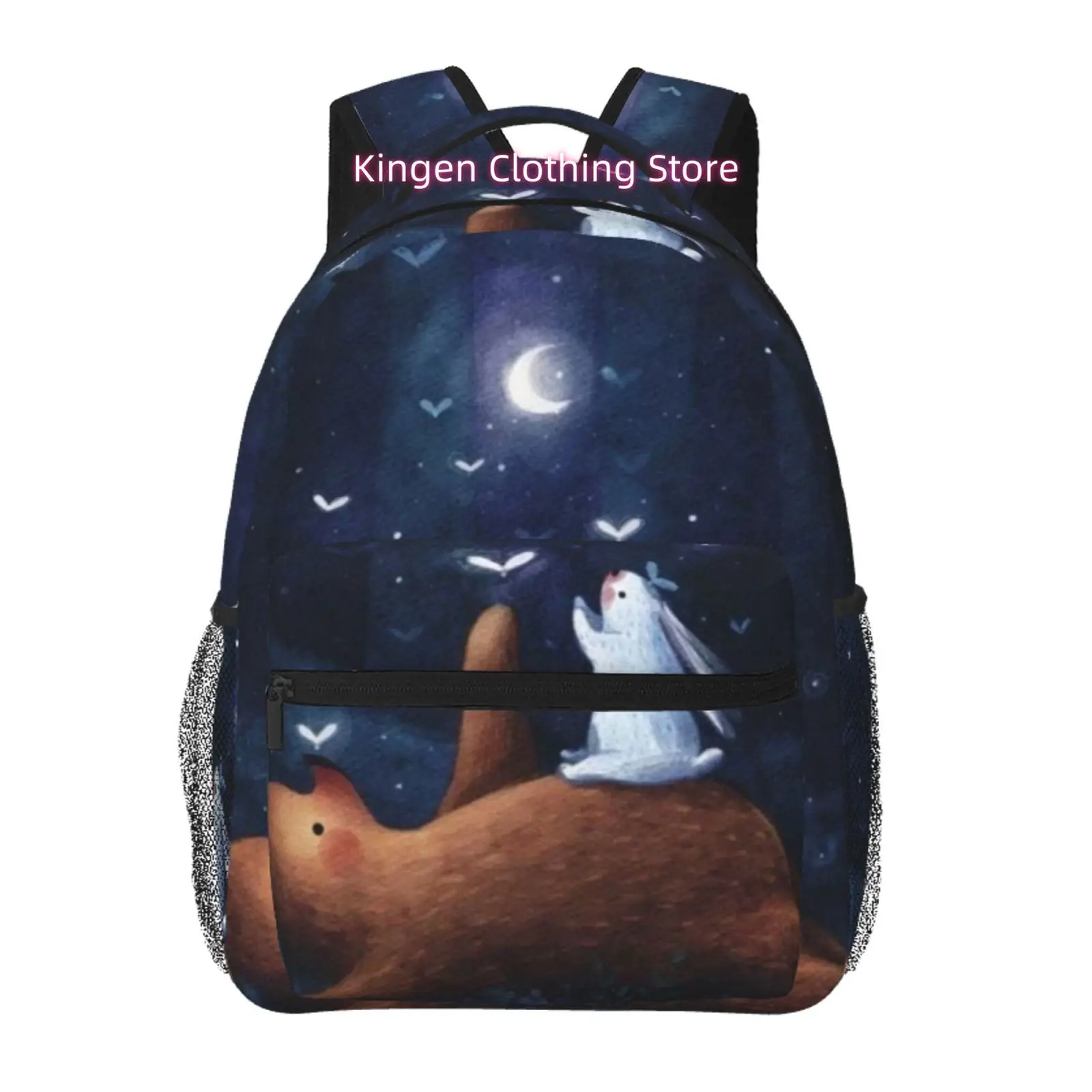 Großer Rucksack mit Aquarelldruck „Moon Night Bear & Rabbit“ – leichter Laptop-Rucksack mit verstellbaren Trägern und mehreren Fächern
