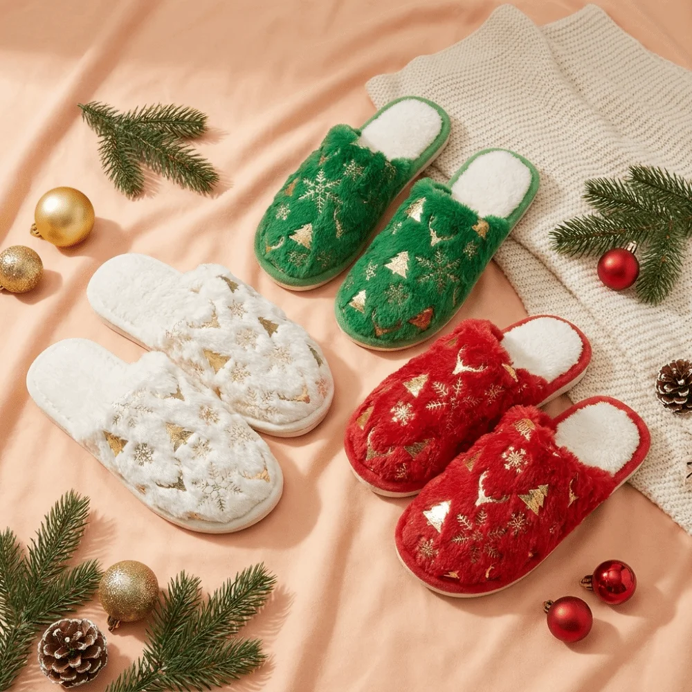 Non-Slip Round Toe Slippers Golden Snowflake Elk Xmas Tree Print Christmas House Slippers Soft Fluffy Couple Slippers Holiday